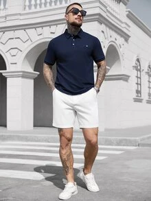 Manfinity CasualCool 大码男士夏季短袖休闲通勤 Polo 衫 - 藍色 - 查看 6