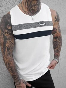 Manfinity CasualCool Manfinity Men's Patchwork Pattern Round Neck Tank Top, Men's Summer Vacation Casual Refreshing Breathable Classic Popular Blue And White Color-Blocked Front Chest Seagull Logo Tank Top, Summer Casual Color Block Sleeveless Tank Top, For Vacation, Husband - Multicolor - View 2