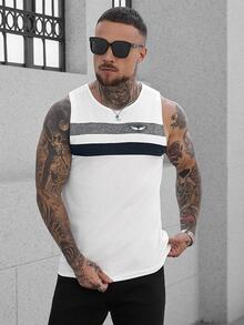 Manfinity CasualCool Manfinity Men's Patchwork Pattern Round Neck Tank Top, Men's Summer Vacation Casual Refreshing Breathable Classic Popular Blue And White Color-Blocked Front Chest Seagull Logo Tank Top, Summer Casual Color Block Sleeveless Tank Top, For Vacation, Husband - Multicolor - View 1