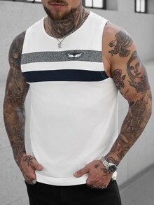 Manfinity CasualCool Manfinity Men's Patchwork Pattern Round Neck Tank Top, Men's Summer Vacation Casual Refreshing Breathable Classic Popular Blue And White Color-Blocked Front Chest Seagull Logo Tank Top, Summer Casual Color Block Sleeveless Tank Top, For Vacation, Husband - Multicolor - View 5