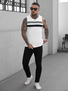 Manfinity CasualCool Manfinity Men's Patchwork Pattern Round Neck Tank Top, Men's Summer Vacation Casual Refreshing Breathable Classic Popular Blue And White Color-Blocked Front Chest Seagull Logo Tank Top, Summer Casual Color Block Sleeveless Tank Top, For Vacation, Husband - Multicolor - View 3