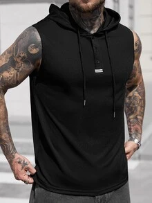 Manfinity CasualCool 男士纯色纯色简约连帽日常无袖针织背心，适合运动锻炼 - 黑色 - 查看 4