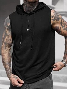 Manfinity CasualCool 男士纯色纯色简约连帽日常无袖针织背心，适合运动锻炼 - 黑色 - 查看 6