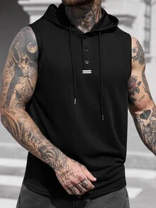 Manfinity CasualCool 男士纯色纯色简约连帽日常无袖针织背心，适合运动锻炼 - 黑色 - 查看 2