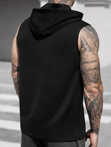 Manfinity CasualCool 男士纯色纯色简约连帽日常无袖针织背心，适合运动锻炼 - 黑色 - 查看 7