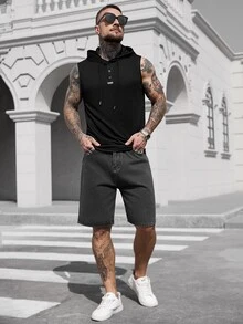 Manfinity CasualCool 男士纯色纯色简约连帽日常无袖针织背心，适合运动锻炼 - 黑色 - 查看 3