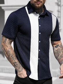Manfinity CasualCool Men's Summer Casual Textured Color Block Short Sleeve Button Up Shirt Men Button Up Shirts Nice Button Up Shirts For Men Men Button Up Shirts Retro Button Up Shirts - Multicolor - View 4
