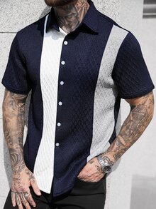 Manfinity CasualCool Men's Summer Casual Textured Color Block Short Sleeve Button Up Shirt Men Button Up Shirts Nice Button Up Shirts For Men Men Button Up Shirts Retro Button Up Shirts - Multicolor - View 2