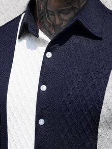 Manfinity CasualCool Men's Summer Casual Textured Color Block Short Sleeve Button Up Shirt Men Button Up Shirts Nice Button Up Shirts For Men Men Button Up Shirts Retro Button Up Shirts - Multicolor - View 5