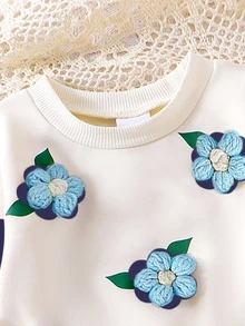 SHEIN Playful Pals 嬰兒休閒日常可愛衛衣套裝，3D鉤編花朵、藍色花朵印花、清新俏皮上衣、針織內搭褲，女嬰秋季服飾 - 寶藍色 - 查看 7
