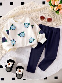 SHEIN Playful Pals 嬰兒休閒日常可愛衛衣套裝，3D鉤編花朵、藍色花朵印花、清新俏皮上衣、針織內搭褲，女嬰秋季服飾 - 寶藍色 - 查看 1