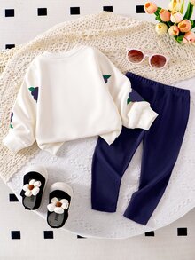 SHEIN Playful Pals 嬰兒休閒日常可愛衛衣套裝，3D鉤編花朵、藍色花朵印花、清新俏皮上衣、針織內搭褲，女嬰秋季服飾 - 寶藍色 - 查看 2