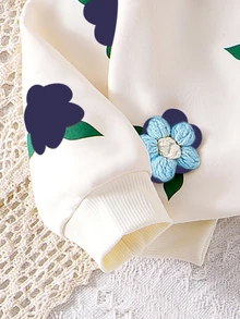 SHEIN Playful Pals 嬰兒休閒日常可愛衛衣套裝，3D鉤編花朵、藍色花朵印花、清新俏皮上衣、針織內搭褲，女嬰秋季服飾 - 寶藍色 - 查看 5