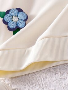 SHEIN Playful Pals 嬰兒休閒日常可愛衛衣套裝，3D鉤編花朵、藍色花朵印花、清新俏皮上衣、針織內搭褲，女嬰秋季服飾 - 寶藍色 - 查看 8