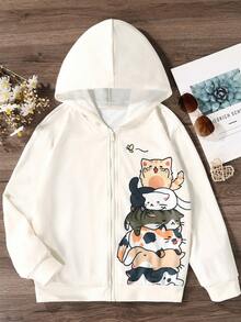 SHEIN Tween Girl Cute Fashion Multi-Cat Applique Zipper Sweatshirt, Collegiate - Apricot - View 1
