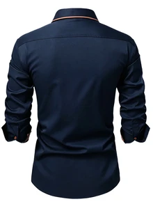 Manfinity Mode Kemeja Lengan Panjang Kasual Pria dengan Desain Blok Warna untuk Pemakaian Sehari-hari, Formal, dan Gaya Klasik. - Navy Blue - View 3