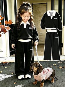 SHEIN Elladie kids 女童 2 件套復古美式學院風白色上衣寬腿褲，休閒秋季長袖圓領套裝，7 歲生日秋季套裝 - 黑色 - 查看 4