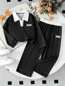 SHEIN Elladie kids 女童 2 件套復古美式學院風白色上衣寬腿褲，休閒秋季長袖圓領套裝，7 歲生日秋季套裝 - 黑色 - 查看 11