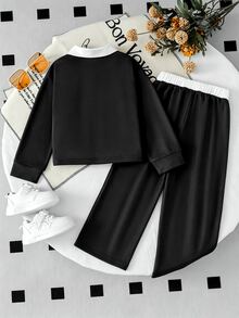 SHEIN Elladie kids 女童 2 件套復古美式學院風白色上衣寬腿褲，休閒秋季長袖圓領套裝，7 歲生日秋季套裝 - 黑色 - 查看 3