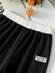 SHEIN Elladie kids 女童 2 件套復古美式學院風白色上衣寬腿褲，休閒秋季長袖圓領套裝，7 歲生日秋季套裝 - 黑色 - 查看 6