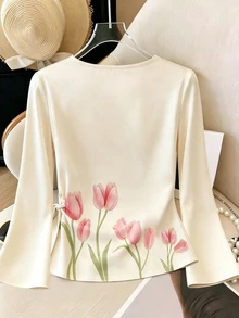 Franclia 女款秋季印花優雅浪漫上衣,蝴蝶結設計,純色圓領喇叭袖,適合約會、早午餐、茶會,粉色花卉 - 杏色 - 查看 4