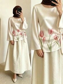 Franclia 女款秋季印花優雅浪漫上衣,蝴蝶結設計,純色圓領喇叭袖,適合約會、早午餐、茶會,粉色花卉 - 杏色 - 查看 7