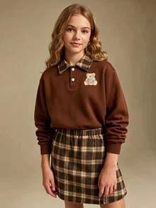 SHEIN 少女可愛熊圖案格紋 Polo 領套頭運動衫搭配羊毛格紋迷你裙套裝，復古美拉德風自然慵懶街頭穿搭，適合校園與秋季穿搭，萬聖節與聖誕節完美選擇 - 棕色 - 查看 6