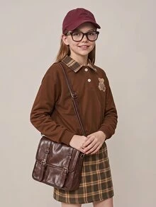 SHEIN 少女可愛熊圖案格紋 Polo 領套頭運動衫搭配羊毛格紋迷你裙套裝，復古美拉德風自然慵懶街頭穿搭，適合校園與秋季穿搭，萬聖節與聖誕節完美選擇 - 棕色 - 查看 10