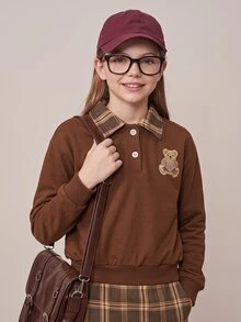 SHEIN 少女可愛熊圖案格紋 Polo 領套頭運動衫搭配羊毛格紋迷你裙套裝，復古美拉德風自然慵懶街頭穿搭，適合校園與秋季穿搭，萬聖節與聖誕節完美選擇 - 棕色 - 查看 5
