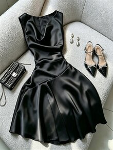 Franclia 女款時尚優雅垂領洋裝，適合約會與外出 - 黑色 - 查看 6