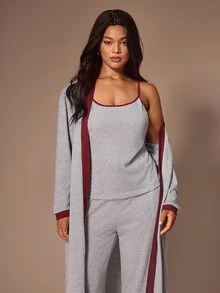 Lazeform 3 PiecesColorblock Casual Plus Size Women's Sleepwear Set With Camisole And Long Robe - Light Grey - View 6