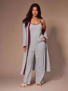 Lazeform 3 PiecesColorblock Casual Plus Size Women's Sleepwear Set With Camisole And Long Robe - Light Grey - View 7