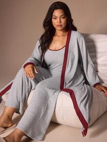 Lazeform 3 PiecesColorblock Casual Plus Size Women's Sleepwear Set With Camisole And Long Robe - Light Grey - View 8