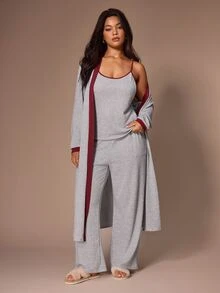 Lazeform 3 PiecesColorblock Casual Plus Size Women's Sleepwear Set With Camisole And Long Robe - Light Grey - View 4