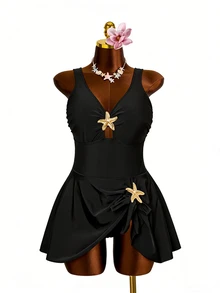 SHEIN Swim Plus Size Women 1Pc Black Metal Starfish Decor Sleeveless Low Neck One-Piece Swimsuit, Simple & Fashionable For Summer, Beach, Vacation - Black - View 5