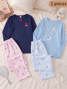 Tween Girl Heart & Little Rabbit Print Long Sleeve Top & Pants Pajama Set - Multicolor - View 8