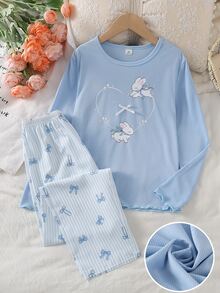 Tween Girl Heart & Little Rabbit Print Long Sleeve Top & Pants Pajama Set - Multicolor - View 1