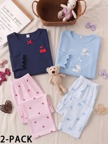 Tween Girl Heart & Little Rabbit Print Long Sleeve Top & Pants Pajama Set - Multicolor - View 9