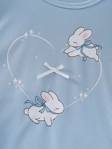 Tween Girl Heart & Little Rabbit Print Long Sleeve Top & Pants Pajama Set - Multicolor - View 5