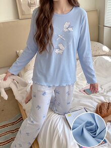 Tween Girl Heart & Little Rabbit Print Long Sleeve Top & Pants Pajama Set - Multicolor - View 7