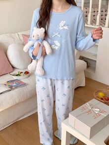 Tween Girl Heart & Little Rabbit Print Long Sleeve Top & Pants Pajama Set - Multicolor - View 6