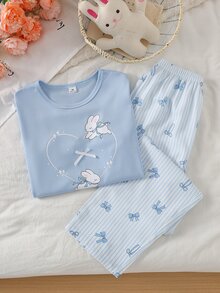 Tween Girl Heart & Little Rabbit Print Long Sleeve Top & Pants Pajama Set - Multicolor - View 3