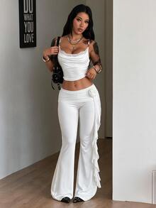Coolane Women's Fall/Winter Streetwear Casual Y2k Vacation Western Wear Boho Mesh Ribbon Flower Ruffle Stretchy Bustier White Low Rise Petite Bell Bottoms - White - View 2