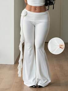 Coolane Women's Fall/Winter Streetwear Casual Y2k Vacation Western Wear Boho Mesh Ribbon Flower Ruffle Stretchy Bustier White Low Rise Petite Bell Bottoms - White - View 3