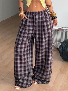 Coolane 女款秋季保暖休閒時尚優雅紫色格紋抽繩彈性腰寬鬆大廓形寬腿長褲 - 紫色 - 查看 7