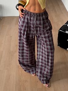 Coolane 女款秋季保暖休閒時尚優雅紫色格紋抽繩彈性腰寬鬆大廓形寬腿長褲 - 紫色 - 查看 1