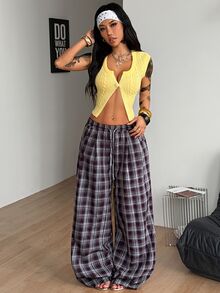 Coolane 女款秋季保暖休閒時尚優雅紫色格紋抽繩彈性腰寬鬆大廓形寬腿長褲 - 紫色 - 查看 8