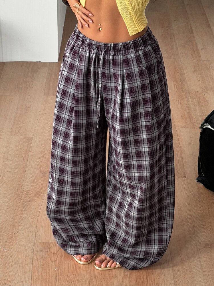 Coolane Women's Fall Warm Casual Chic Elegant Purple Plaid Drawstring Elastic Waist Oversized Baggy Wide Leg Long Pants - Purple - View 4