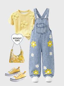 SHEIN Genkimix Kids 女童牛仔吊帶褲，全新四季款，可愛俏皮設計，復古淺藍牛仔布搭配黃色+白色雛菊印花與雪洗效果，時尚寬鬆直筒版型，柔軟舒適面料，百搭日常穿著，適合度假、派對及其他外出場合 - 淺色水洗藍 - 查看 5