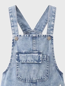 SHEIN Genkimix Kids 女童牛仔吊帶褲，全新四季款，可愛俏皮設計，復古淺藍牛仔布搭配黃色+白色雛菊印花與雪洗效果，時尚寬鬆直筒版型，柔軟舒適面料，百搭日常穿著，適合度假、派對及其他外出場合 - 淺色水洗藍 - 查看 9